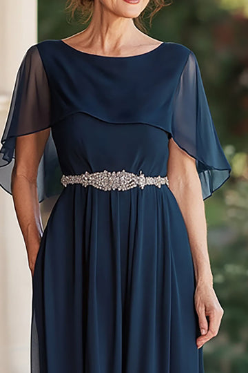 Robe en mousseline de soie A Line Capelet Marine Mère de la mariée avec taille perlée